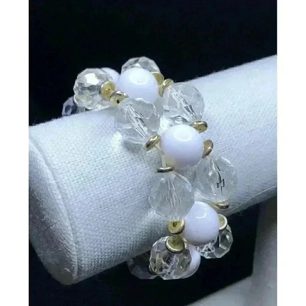 Vintage White and Clear Beaded Double Row Stretch Bracelet Gold Tone Spacer